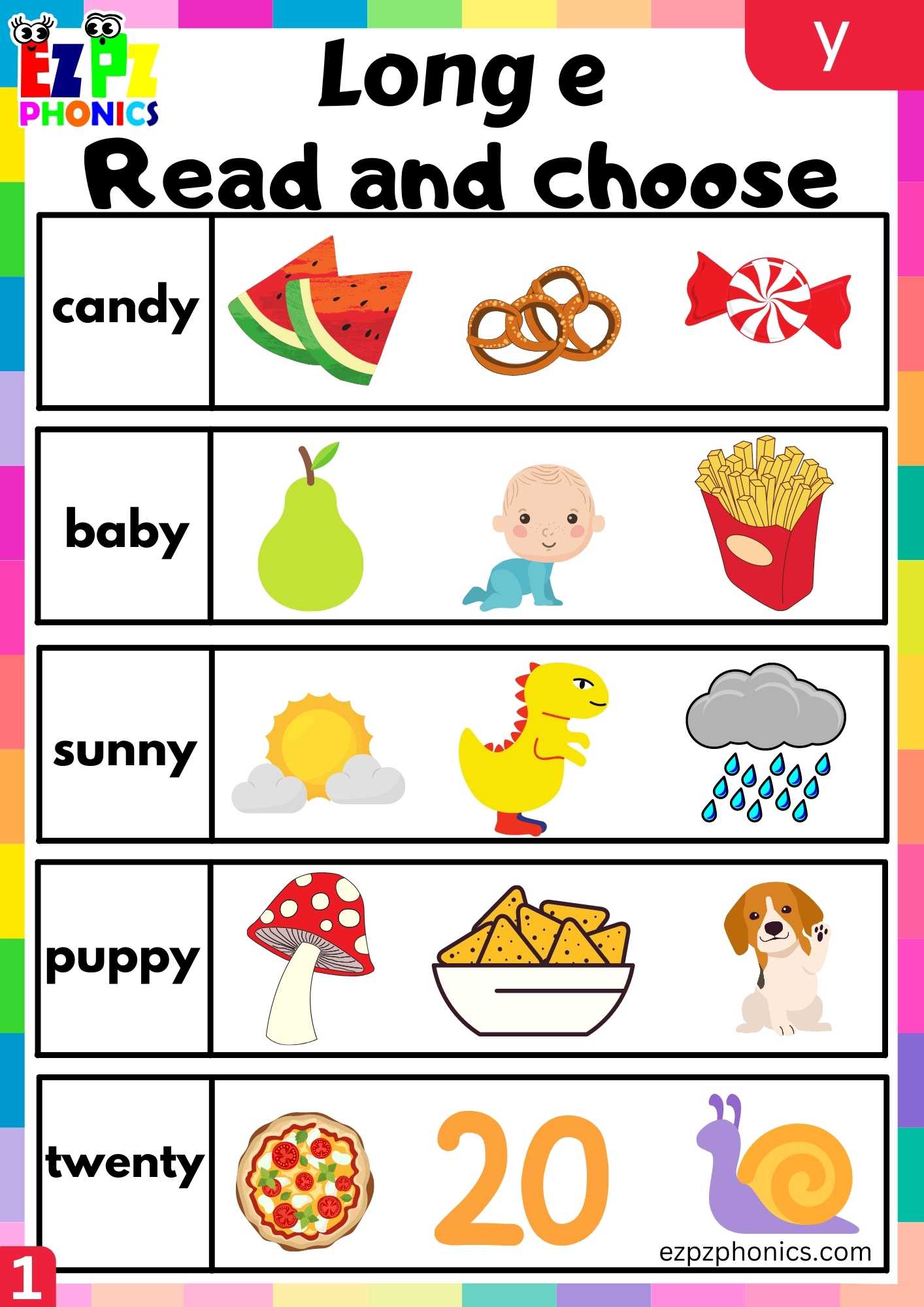 Group1 Y Words Read And Choose Long E Phonics Worksheet